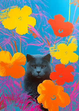 Pop Art Cat with Flowers