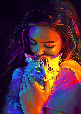Girl and Cat Colorful Portrait