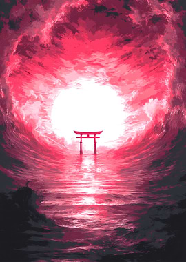 Red Torii Gate in Ocean