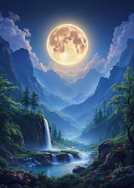 Moonlit Mountain Waterfall Landscape