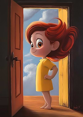 Cartoon Girl by Open Doorway