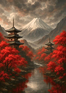 Japanese Pagodas and Autumn Landscape