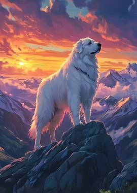 Majestic Great Pyrenees Dog at Mountain Peak during Sunrise - Beautiful Dog Portrait Art