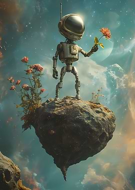 Robot Astronaut Holding a Flower on a Floating Asteroid in Space