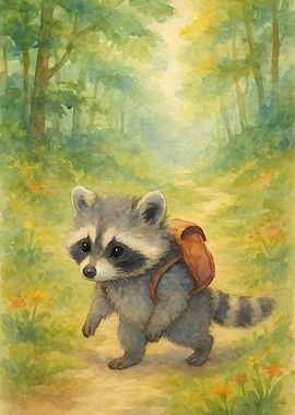 Watercolor Raccoon with Backpack in Forest