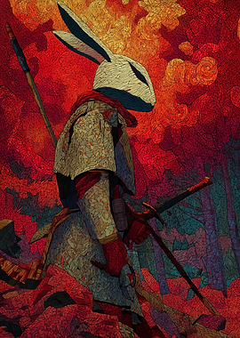 Rabbit Warrior in Red Landscape