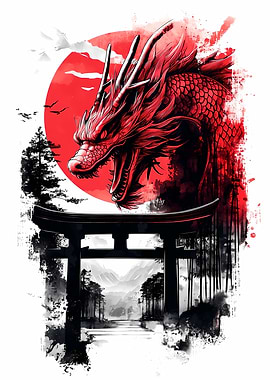 Red Dragon over Torii Gate