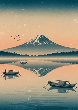 Japanese Landscape with Boats and Mountain