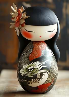 Japanese Kokeshi Doll with Dragon Design