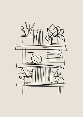 Bookshelf with Plants Line Art