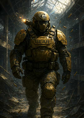 Armored Soldier in War-Torn Cityscape Tarkov