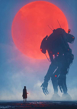 Giant Robot and Figure Under Red Moon