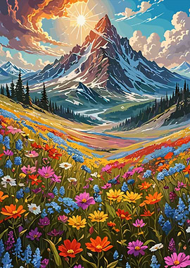 Mountain landscape with colorful flower field