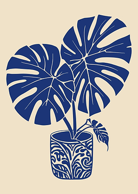 Monstera Plant in Blue and Beige