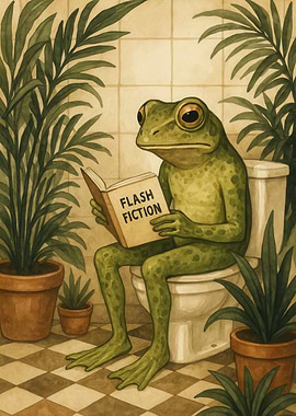 Frog Reading Flash Fiction on Toilet
