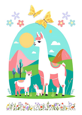 Llama Family in a Colorful Landscape