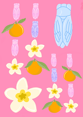 Cicadas, Oranges, and Flowers Pattern