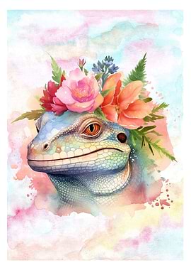 Lizard with Floral Crown Watercolor