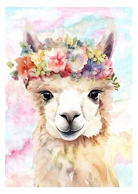 Watercolor Llama with Flower Crown