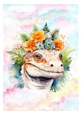 Watercolor Dinosaur with Floral Crown