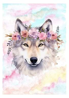Watercolor Wolf with Floral Crown