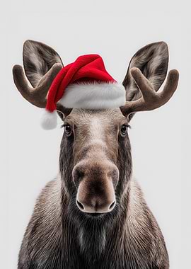 Christmas Moose with Santa Hat Portrait