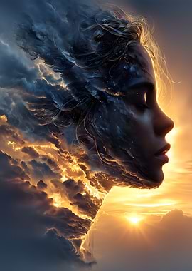 Woman's Profile Merged with Storm Clouds