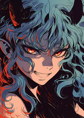 Anime Devil Girl with Blue Hair