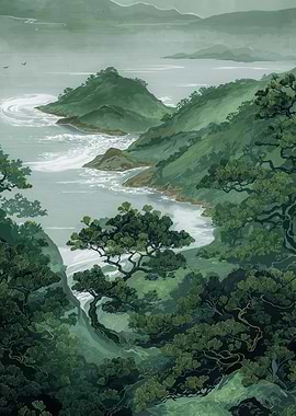 Japanese Coastal Wall Art Forest Print Sage Green Wabi Sabi Painting japandi Art chinoiserie poster
