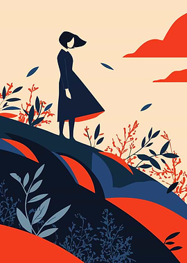 Woman on a Hill Calm Peaceful Minimalist Art Illustration