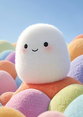 Cute Fluffy Character in Pastel Landscape