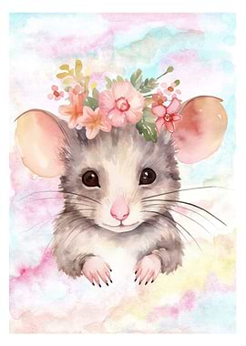 Watercolor Mouse with Floral Crown