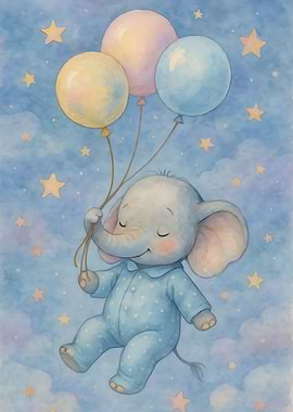 Baby Elephant with Balloons in Starry Sky