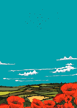 Poppy Field Landscape with Birds