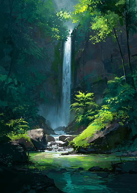 Lush Waterfall Landscape Painting