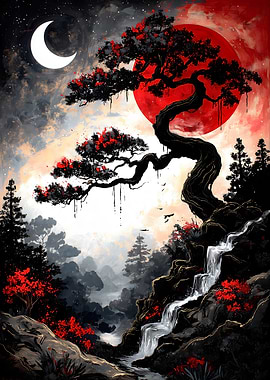Japanese Landscape with Red Sun and Moon