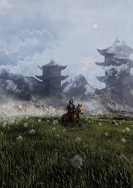 Samurai on Horseback in Grassy Field