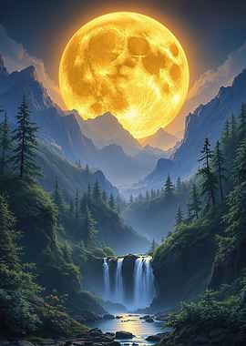 Mountain Landscape with Waterfall and Moon