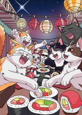 Cats Enjoying Sushi Under Lanterns