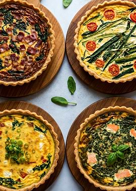 Assorted Quiches on Wooden Boards