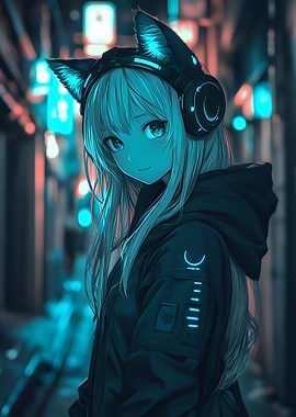 Anime Girl with Cat Ear Headphones