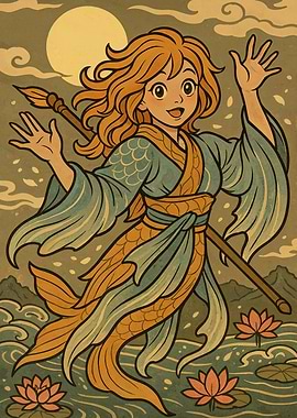 Cartoon Mermaid with Brush and Lotus