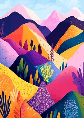 Colorful Abstract Rolling Hills Mountain Ranges Pattern Minimalist Art Illustration