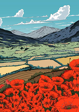 Poppy Field Landscape Illustration