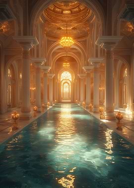 Opulent Golden Hall with Water Feature