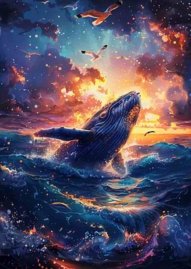 Whale breaching at sunset with seagulls