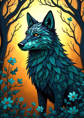 Gilded Mosaic – Turquoise Wolf of Celestial Majesty