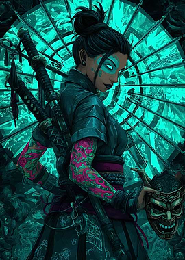 Samurai Woman with Mask and Swords