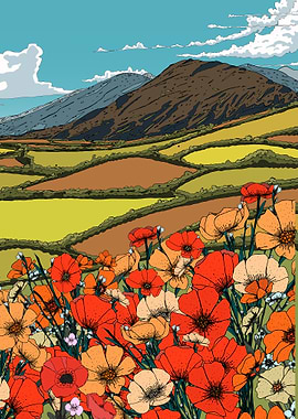 Poppy Field Landscape Illustration