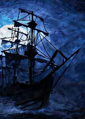 Silhouette of a ship at night